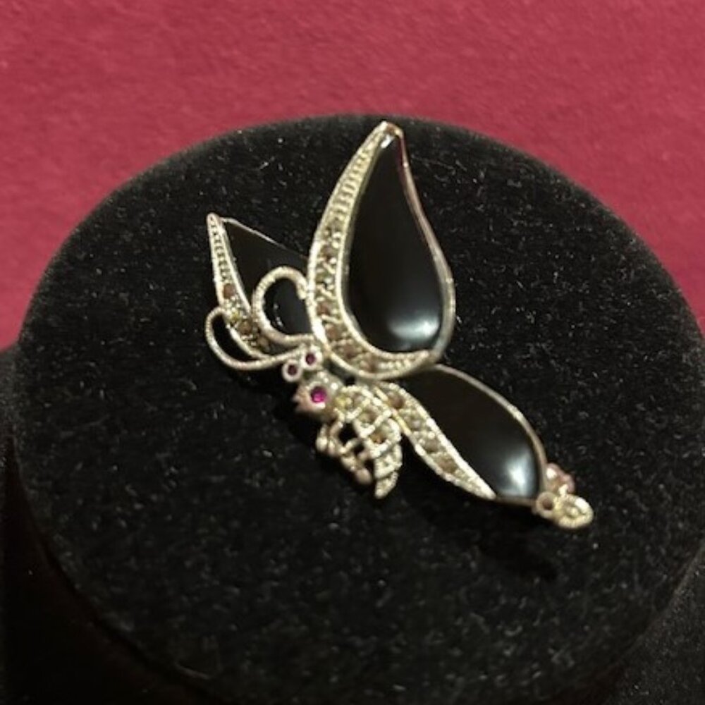 BUTTERFLY 925 Silver Onyx Marcasite Art Deco BROOCH - Picture 4 of 10